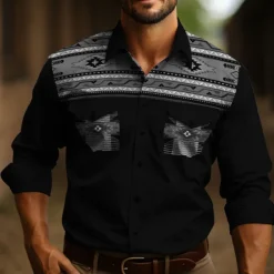 Hot OUKU Men's Tribal Graphic Prints Vintage Shirt Western Shirt Cowboy Shirt Long Sleeve Fashion Streetwear Designer Outdoor Daily Fall & Winter Turndown Print Yellow Gray