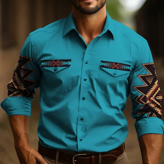 Sale OUKU Men's Tribal Graphic Prints Vintage Shirt Western Shirt Cowboy Shirt Long Sleeve Fashion Streetwear Designer Outdoor Daily Fall & Winter Turndown Print Black Blue