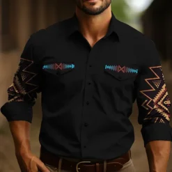 Sale OUKU Men's Tribal Graphic Prints Vintage Shirt Western Shirt Cowboy Shirt Long Sleeve Fashion Streetwear Designer Outdoor Daily Fall & Winter Turndown Print Black Blue