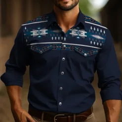 Discount OUKU Men's Tribal Graphic Prints Vintage Shirt Western Shirt Cowboy Shirt Long Sleeve Fashion Designer Casual Outdoor Daily Fall & Winter Turndown Print Black Navy Blue Dark Green