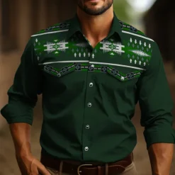 Discount OUKU Men's Tribal Graphic Prints Vintage Shirt Western Shirt Cowboy Shirt Long Sleeve Fashion Designer Casual Outdoor Daily Fall & Winter Turndown Print Black Navy Blue Dark Green