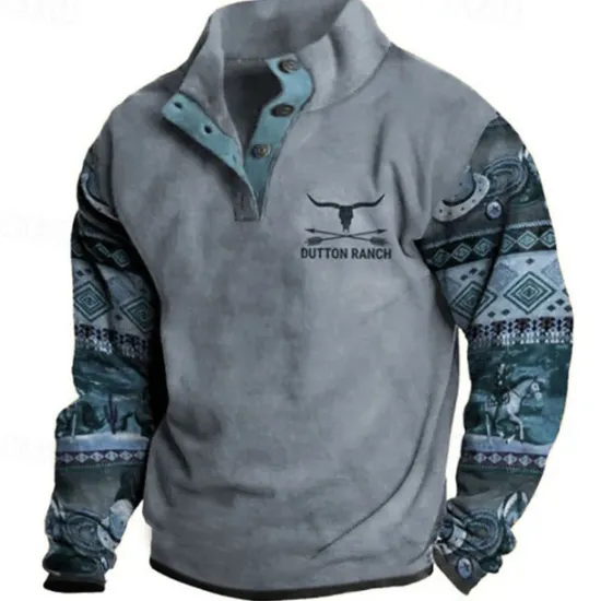 OUKU Men's Tribal Graphic Prints Sweatshirts Sweatshirt Pullover Long Sleeve Sweatshirt Stand Collar Fashion Ethnic Casual 3D Print Holiday Going out Streetwear Buttons Print Fleece Spring & Fall