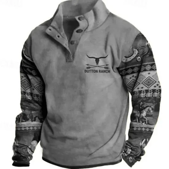 OUKU Men's Tribal Graphic Prints Sweatshirts Sweatshirt Pullover Long Sleeve Sweatshirt Stand Collar Fashion Ethnic Casual 3D Print Holiday Going out Streetwear Buttons Print Fleece Spring & Fall