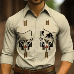 Outlet OUKU Men's Tribal Graphic Prints Vintage Shirt Western Shirt Cowboy Shirt Long Sleeve Fashion Streetwear Designer Outdoor Daily Fall & Winter Turndown Print Blue Khaki