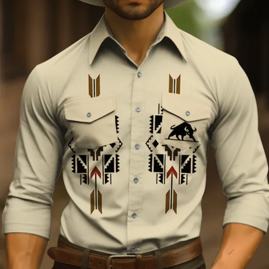 Outlet OUKU Men's Tribal Graphic Prints Vintage Shirt Western Shirt Cowboy Shirt Long Sleeve Fashion Streetwear Designer Outdoor Daily Fall & Winter Turndown Print Blue Khaki