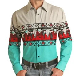 New OUKU Men's Tribal Graphic Prints Vintage Shirt Western Shirt Cowboy Shirt Long Sleeve Fashion Streetwear Designer Outdoor Daily Fall & Winter Turndown Print Button-Down Blue