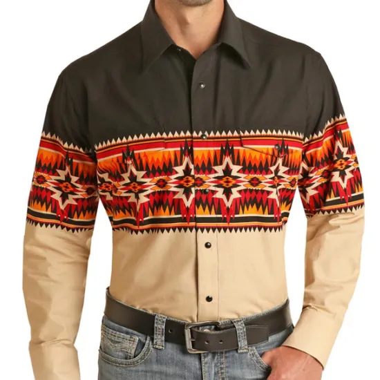 Online OUKU Men's Tribal Graphic Prints Geometry Shirt Western Shirt Cowboy Shirt Long Sleeve Fashion Streetwear Designer Outdoor Daily Fall & Winter Turndown Print Button-Down Yellow