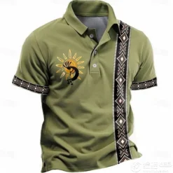 Online OUKU Men's Tribal Polo Shirts Golf Shirt Short Sleeve Polo Shirts Collared Shirts Vacation Wear Party Outfits Buttons 3D Print Summer Spring Blue Green Khaki