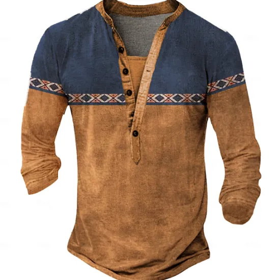 New OUKU Men's Tribal T Shirt Henley Shirt Long Sleeve 3D Print Designer Retro Vintage Street Casual Daily Summer Spring Fall Dark Brown Black Blue Brown Green Henley Henley T-Shirt