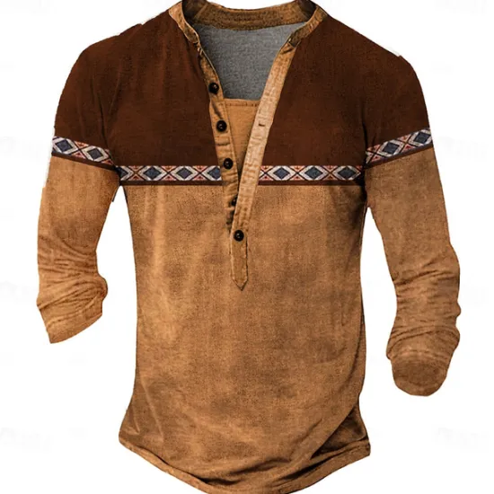 New OUKU Men's Tribal T Shirt Henley Shirt Long Sleeve 3D Print Designer Retro Vintage Street Casual Daily Summer Spring Fall Dark Brown Black Blue Brown Green Henley Henley T-Shirt
