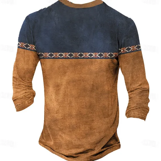 New OUKU Men's Tribal T Shirt Henley Shirt Long Sleeve 3D Print Designer Retro Vintage Street Casual Daily Summer Spring Fall Dark Brown Black Blue Brown Green Henley Henley T-Shirt