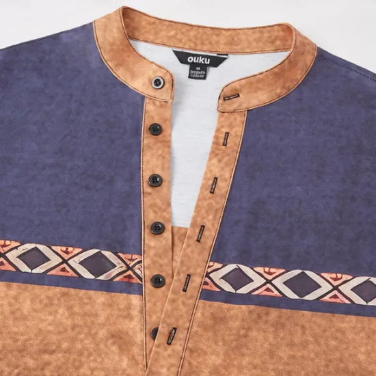 New OUKU Men's Tribal T Shirt Henley Shirt Long Sleeve 3D Print Designer Retro Vintage Street Casual Daily Summer Spring Fall Dark Brown Black Blue Brown Green Henley Henley T-Shirt