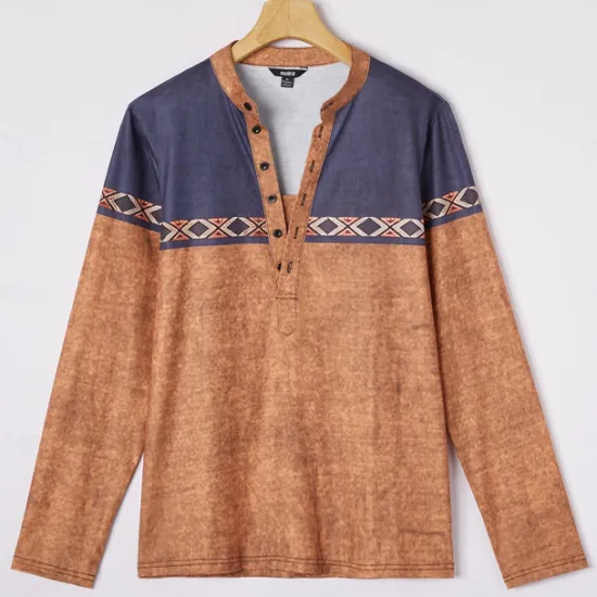 New OUKU Men's Tribal T Shirt Henley Shirt Long Sleeve 3D Print Designer Retro Vintage Street Casual Daily Summer Spring Fall Dark Brown Black Blue Brown Green Henley Henley T-Shirt