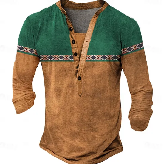 New OUKU Men's Tribal T Shirt Henley Shirt Long Sleeve 3D Print Designer Retro Vintage Street Casual Daily Summer Spring Fall Dark Brown Black Blue Brown Green Henley Henley T-Shirt