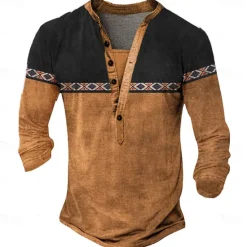 New OUKU Men's Tribal T Shirt Henley Shirt Long Sleeve 3D Print Designer Retro Vintage Street Casual Daily Summer Spring Fall Dark Brown Black Blue Brown Green Henley Henley T-Shirt