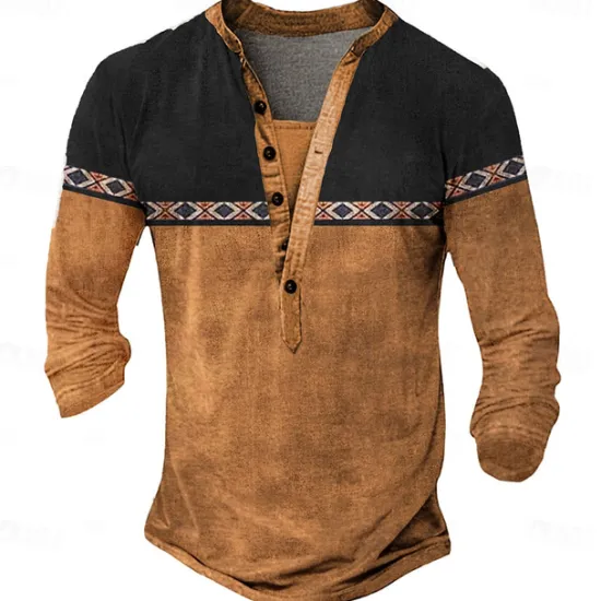 New OUKU Men's Tribal T Shirt Henley Shirt Long Sleeve 3D Print Designer Retro Vintage Street Casual Daily Summer Spring Fall Dark Brown Black Blue Brown Green Henley Henley T-Shirt