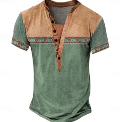 Outlet OUKU Men's Tribal T Shirt Henley Shirt Tee Short Sleeve Designer Basic Bohemian Outdoor Casual Daily Summer Lake Blue Light Green Light Blue Khaki Henley Henley T-Shirt