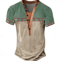 Outlet OUKU Men's Tribal T Shirt Henley Shirt Tee Short Sleeve Designer Basic Bohemian Outdoor Casual Daily Summer Lake Blue Light Green Light Blue Khaki Henley Henley T-Shirt