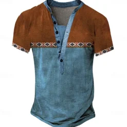Outlet OUKU Men's Tribal T Shirt Henley Shirt Tee Short Sleeve Designer Basic Bohemian Outdoor Casual Daily Summer Lake Blue Light Green Light Blue Khaki Henley Henley T-Shirt