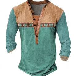 Hot OUKU Men's Tribal T Shirt Henley Shirt Long Sleeve 3D Print Designer Retro Vintage Street Casual Daily Summer Spring Fall Lake Blue Navy Blue Brown Green Gray Henley Henley T-Shirt