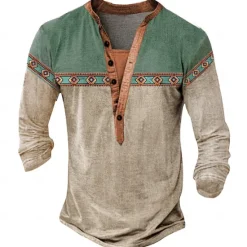 Hot OUKU Men's Tribal T Shirt Henley Shirt Long Sleeve 3D Print Designer Retro Vintage Street Casual Daily Summer Spring Fall Lake Blue Navy Blue Brown Green Gray Henley Henley T-Shirt