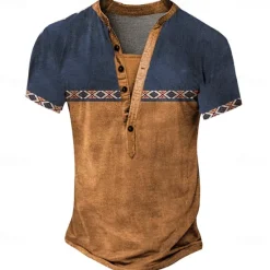 Hot OUKU Men's Tribal T Shirt Henley Shirt Tee Short Sleeve Vintage Designer Basic Outdoor Casual Daily Summer Dark Brown Black Green Blue Light Grey Henley Henley T-Shirt