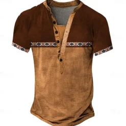Hot OUKU Men's Tribal T Shirt Henley Shirt Tee Short Sleeve Vintage Designer Basic Outdoor Casual Daily Summer Dark Brown Black Green Blue Light Grey Henley Henley T-Shirt