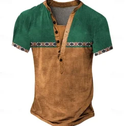 Hot OUKU Men's Tribal T Shirt Henley Shirt Tee Short Sleeve Vintage Designer Basic Outdoor Casual Daily Summer Dark Brown Black Green Blue Light Grey Henley Henley T-Shirt