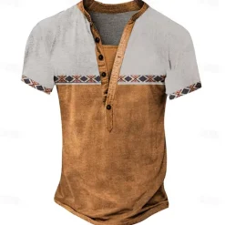 Hot OUKU Men's Tribal T Shirt Henley Shirt Tee Short Sleeve Vintage Designer Basic Outdoor Casual Daily Summer Dark Brown Black Green Blue Light Grey Henley Henley T-Shirt