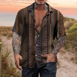 Outlet OUKU Men's Tribal Vintage Geometry Shirt Boho Shirt Button Up Shirt Short Sleeve Tropical Sports Fashion Casual Holiday Beach Summer Spring Cuban Collar Print Button-Down Blue Brown Gray