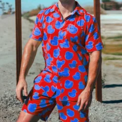 Outlet OUKU Men's Tropical Duck 2pcs Shirts Sets Summer Hawaiian Shirt Short Sleeve Short Pants Turndown Tropical Fashion Hawaiian Street Casual Hawaiian Print Summer Spring Red Blue Purple
