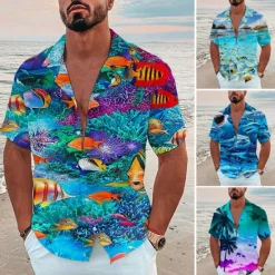 Sale OUKU Men's Tropical Fish Underwater World Shirt Summer Hawaiian Shirt Camp Collar Shirt Short Sleeve Shirt Turndown Fashion Designer Casual Outdoor Street Casual Sea Blue Navy Blue Royal Blue 3D Print S M