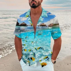 Sale OUKU Men's Tropical Fish Underwater World Shirt Summer Hawaiian Shirt Camp Collar Shirt Short Sleeve Shirt Turndown Fashion Designer Casual Outdoor Street Casual Sea Blue Navy Blue Royal Blue 3D Print S M