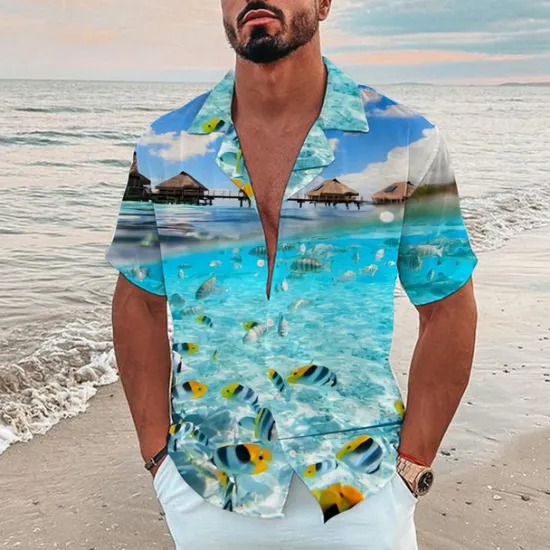 Sale OUKU Men's Tropical Fish Underwater World Shirt Summer Hawaiian Shirt Camp Collar Shirt Short Sleeve Shirt Turndown Fashion Designer Casual Outdoor Street Casual Sea Blue Navy Blue Royal Blue 3D Print S M