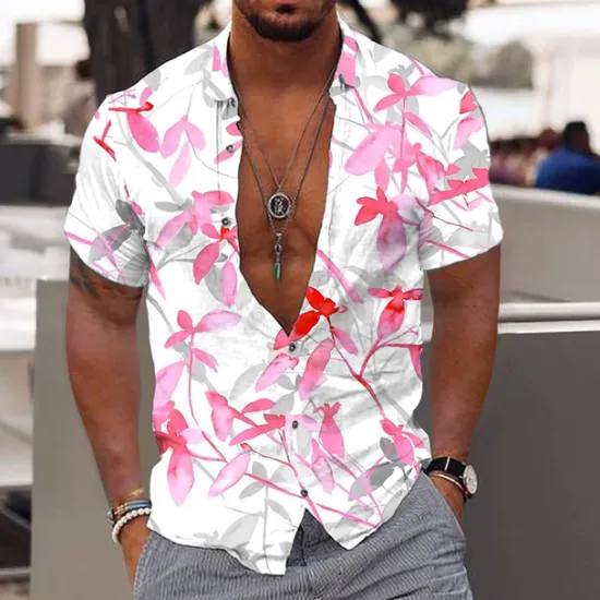 Discount OUKU Men's Tropical Flowers Leaves Shirt Summer Hawaiian Shirt Aloha Shirt Short Sleeves Shirt Turndown Fashion Designer Casual Outdoor Street Casual White Yellow Pink 3D Print S M L
