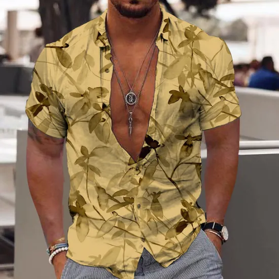 Discount OUKU Men's Tropical Flowers Leaves Shirt Summer Hawaiian Shirt Aloha Shirt Short Sleeves Shirt Turndown Fashion Designer Casual Outdoor Street Casual White Yellow Pink 3D Print S M L