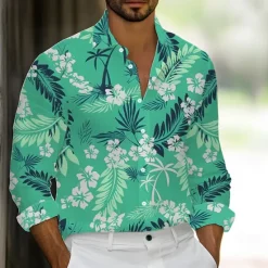 Best OUKU Men's Tropical Flowers Palm Leaf Shirt Summer Hawaiian Shirt Button Up Shirt Long Sleeve Hawaiian Holiday Streetwear Summer Spring Turndown 3D Print Collared Shirts Blue Green Light Blue Rose Red
