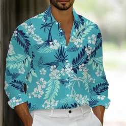 Best OUKU Men's Tropical Flowers Palm Leaf Shirt Summer Hawaiian Shirt Button Up Shirt Long Sleeve Hawaiian Holiday Streetwear Summer Spring Turndown 3D Print Collared Shirts Blue Green Light Blue Rose Red