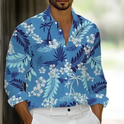 Best OUKU Men's Tropical Flowers Palm Leaf Shirt Summer Hawaiian Shirt Button Up Shirt Long Sleeve Hawaiian Holiday Streetwear Summer Spring Turndown 3D Print Collared Shirts Blue Green Light Blue Rose Red