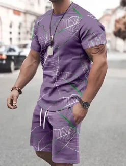 Sale OUKU Men's Tropical Flowers 2pcs Tees sets Summer Tops Short Sleeve Short Pants Crew Neck Vacation Casual Outdoor Vacation Sport 3D Print Summer Violet Robin's Egg Blue Pink