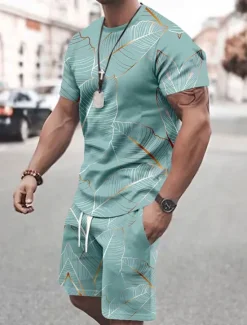 Sale OUKU Men's Tropical Flowers 2pcs Tees sets Summer Tops Short Sleeve Short Pants Crew Neck Vacation Casual Outdoor Vacation Sport 3D Print Summer Violet Robin's Egg Blue Pink