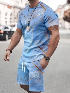Sale OUKU Men's Tropical Flowers 2pcs Tees sets Summer Tops Short Sleeve Short Pants Crew Neck Vacation Casual Outdoor Vacation Sport 3D Print Summer Violet Robin's Egg Blue Pink