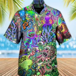 Sale OUKU Men's Tropical Guitar Octopus Shirt Summer Hawaiian Shirt Aloha Shirt Short Sleeve Shirt Turndown Tropical Fashion Hawaiian Casual Hawaiian Holiday Yellow Red Purple S M L