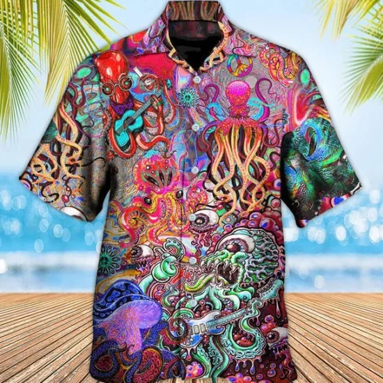 Sale OUKU Men's Tropical Guitar Octopus Shirt Summer Hawaiian Shirt Aloha Shirt Short Sleeve Shirt Turndown Tropical Fashion Hawaiian Casual Hawaiian Holiday Yellow Red Purple S M L