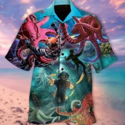 Best OUKU Men's Tropical Octopus Shirt Summer Hawaiian Shirt Camp Collar Shirt Short Sleeve Shirt Turndown Fashion Designer Casual Street Casual Daily Blue-Green Sea Blue Yellow S M L