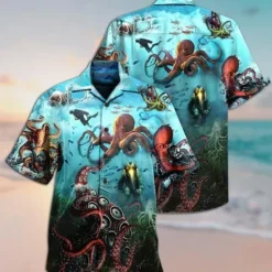 Best OUKU Men's Tropical Octopus Shirt Summer Hawaiian Shirt Camp Collar Shirt Short Sleeve Shirt Turndown Fashion Designer Casual Street Casual Daily Blue-Green Sea Blue Yellow S M L