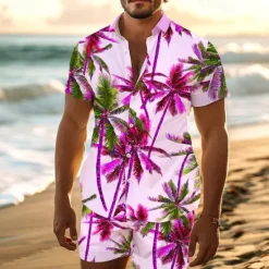 Sale OUKU Men's Tropical Palm Tree Tropical Plants 2pcs Shirts Sets Summer Hawaiian Shirt Short Sleeve Short Pants Turndown Vacation Hawaiian Outdoor Vacation Hawaiian Buttons Pocket Print Summer All Seasons