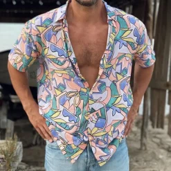 OUKU Men's Tropical Shirt Summer Hawaiian Shirt Aloha Shirt Short Sleeves Shirt Turndown Tropical Fashion Hawaiian Outdoor Street Hawaiian Yellow Pink Brown S M L