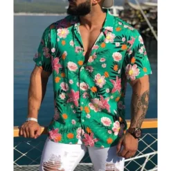 OUKU Men's Tropical Shirt Summer Hawaiian Shirt Aloha Shirt Short Sleeves Shirt Turndown Tropical Fashion Hawaiian Outdoor Street Hawaiian Yellow Pink Brown S M L