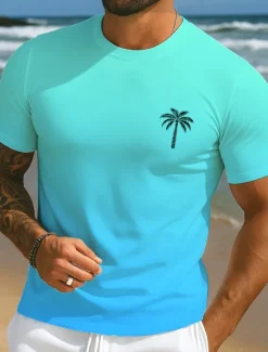 OUKU Men's Tropical T Shirt Short Sleeve T shirt 3D Print Crew Neck Shirt Vacation Tropical Hawaiian Vacation Street Casual Red Blue Light Purple Summer Spring Clothing Apparel S M L XL XXL XXXL